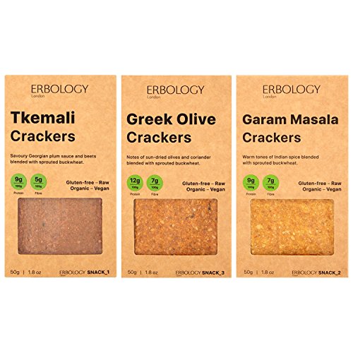 Erbology Organic Sprouted Buckwheat Crackers (12 x 1.8 oz Pack) Flavors: Tkemali, Garam Masala and Greek Olives
