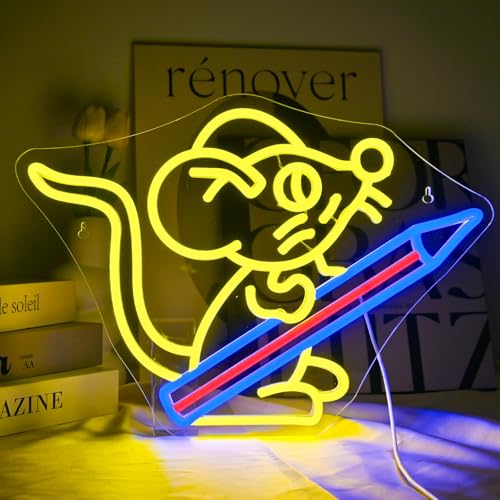 Image of Pencil Neon Sign for Wall Decor Pencil Mouse School Neon Light Back To School Gift Back To School Gift USB Powered Led Light for Classroom Kidroom Dorm Wall Bookshelf Decor 11.8 inch*16.5 inch