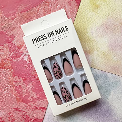 French Tip Press On Nails Medium Length Fake Nails Full Cover Almond Shaped False Nails With Designs Matte Black Nail Tips Glue On Nails Gold Foil Leopard Acrylic Nails For Women Girls Manicure #TOP1