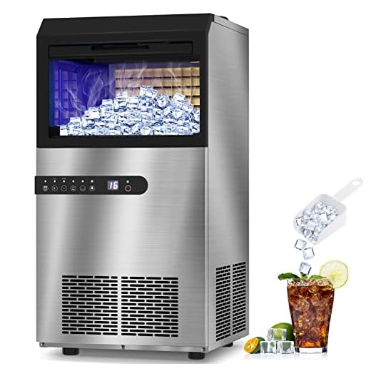LifePlus Commercial Ice Maker Machine 100Lbs/24H, Stainless Steel Under Counter ice Machine with Large Storage Bin, 45 Ice Cubes/Cycle, 2 Way Water Supply, Freestanding for Home Party Shop Office Bar