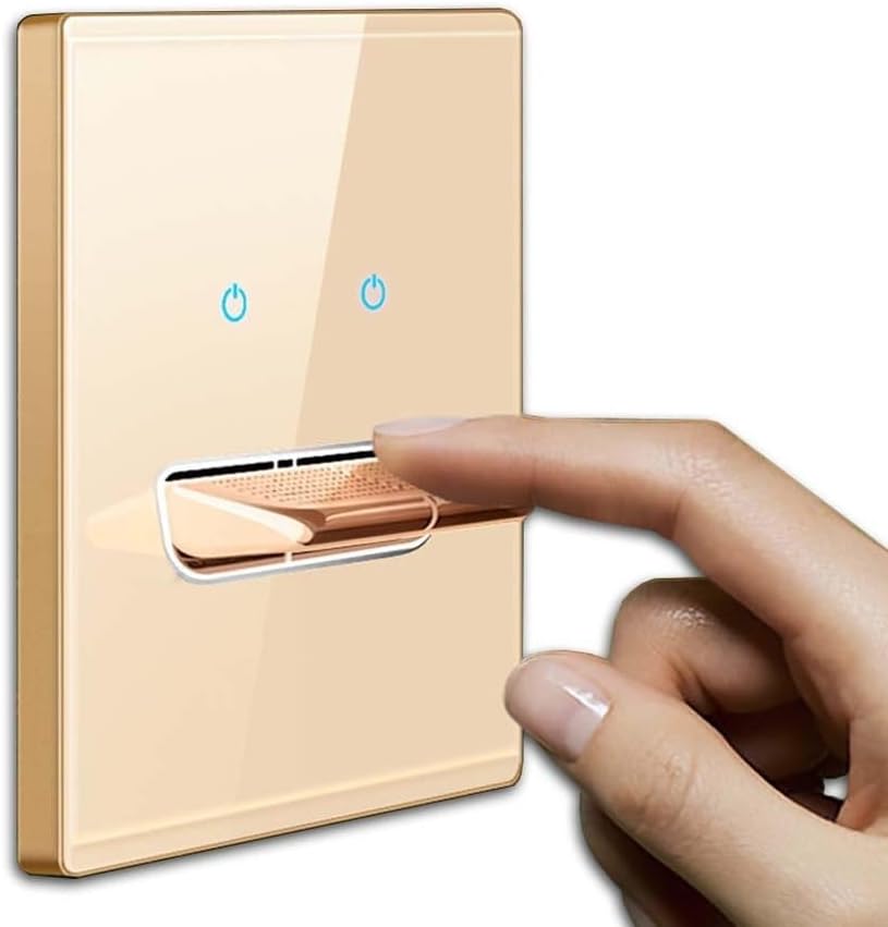 Gold Wall Light Switch, AC 110-250V Glass Panel Toggle Press Button Plate With Blue LED Indicator, 86X86mm, Fit Into Standard Electrical Boxes(1 Gang 1 Way)