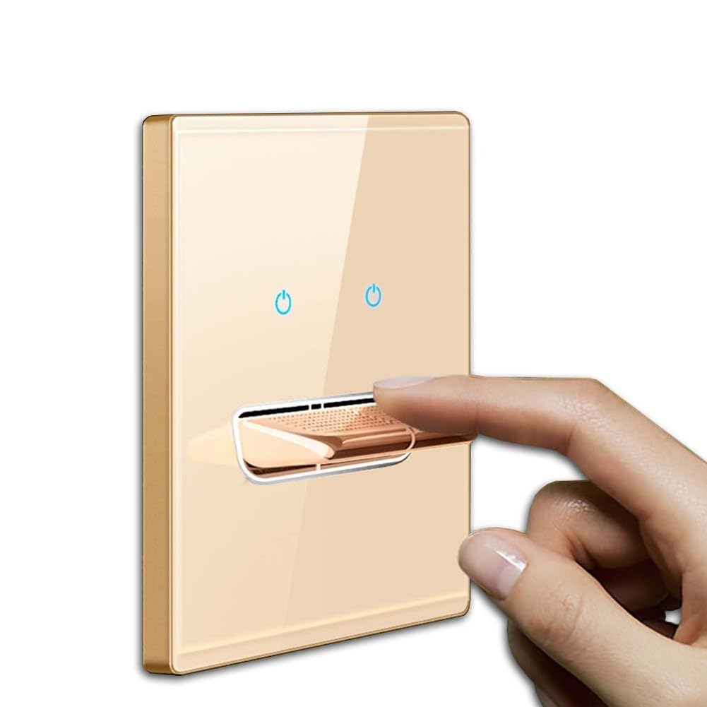 Gold Wall Light Switch, AC 110-250V Glass Panel Toggle Press Button Plate With Blue LED Indicator, 86X86mm, Fit Into Standard Electrical Boxes(1 Gang 1 Way)