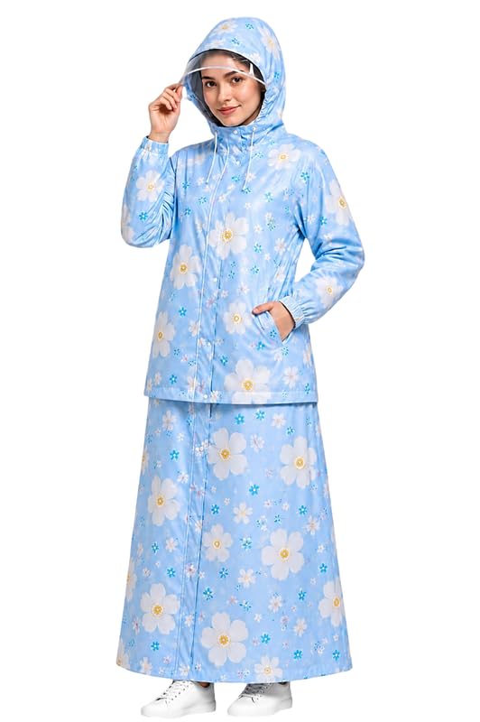 Krystle Women's Waterproof Raincoat with Hood & Transparent Visor, Full Length Rainwear Coat and Skirt Set, Floral Print (Blue,Multicolor)-picture-29