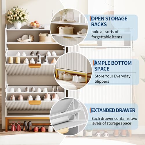 GarveeHome Fluted Shoe Cabinet Storage for Entryway, Wood Shoe Rack with 2 Flip Drawers and Open Shelf, Modern Entryway Organizer for Foyer, Hallway, Entrance, White