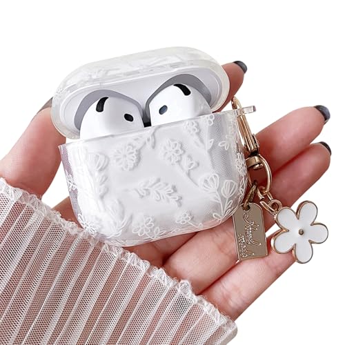 Image of MINSCOSE for with AirPods 4 Clear Case,Cute Flower Floral Aesthetic Design with Flowers Keychain, Soft TPU Protective Shockproof Case for Women Girl for Airpods 4-White