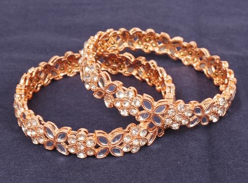 Touchstone Indian Bollywood Handcrafted Traditional Stylish Floral Work Rhinestone Designer Jewelry Thick Bracelets Bangle in Gold Tone. for Women.3