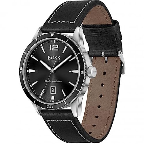 Image of BOSS Hugo Leather Drifter Analog Men's Watch - 1570125 (Black Dial Black Colored Strap)