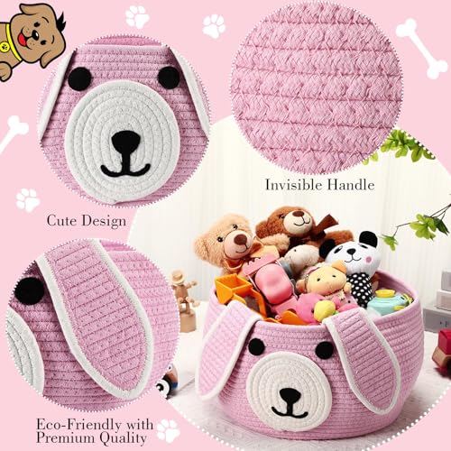 Image of Zopeal Dog Woven Basket Cute Woven Cotton Rope Puppy Animal Storage Basket for Laundry Toy Gift(Pink,13 x 8 Inch)