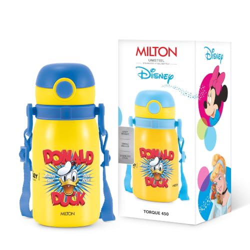Image of MILTON Disney Torque 450 ISI Certified Stainless Steel Water Bottle, Leak Proof, Rust Proof, Single walled,1 Yr Warranty, Ideal Sipper Water Bottle for School Kids Bottle, 455 ml, Yellow