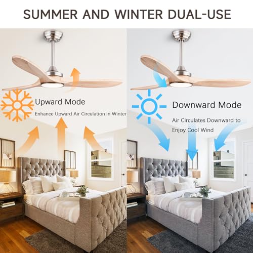 Image of QUTWOB 42 inch Wood Ceiling Fan with Light, Reversible DC Motor, Remote Control | solid wood blades, quiet 6-speed reversible dc inverter motor, remote control, 3-color led, for indoor outdoor patio garage