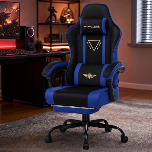 Image of GTPLAYER Video Gaming Chair Fabric, Ergonomic Computer Chair with Footrest and Pocket Spring Cushion, Height Adjustable Video Gamer Chair with Lumbar Support for Adults, Blue