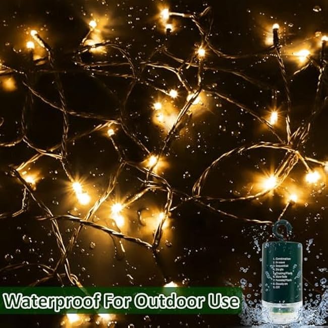 TURNMEON 120LED 39.4Ft Christmas String Lights Battery Operated Timer 8 Modes Remote Control Waterproof Green Wire Xmas Tree Fairy Lights Decor Outdoor Indoor Home Party Garden (Warm White)