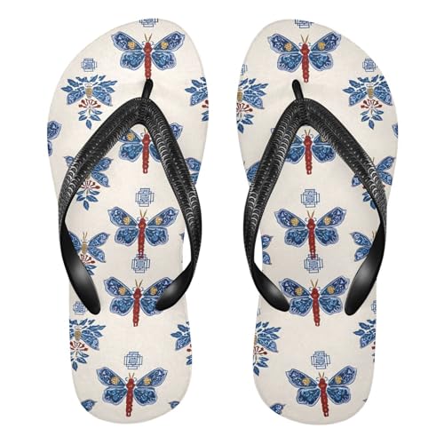 ALAZA Retro Blue Butterfly Flip Flops for Women Fashion Beach Slippers Comfort Mens Flip Flops Non-Slip Rubber Shower Slippers Sandal for Hotel Travel Sport,XS