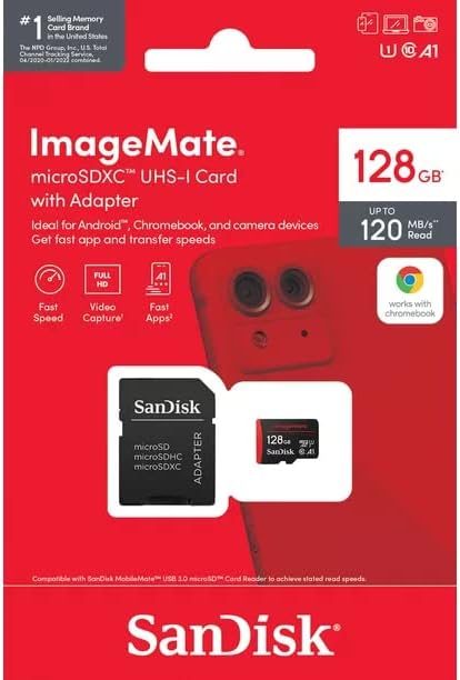 SanDisk 128GB ImageMate microSDXC UHS-1 Memory Card with Adapter - 120MB/s, C10, U1, Full HD, A1 Micro SD Card - SDSQUA4-128G-AW6KA