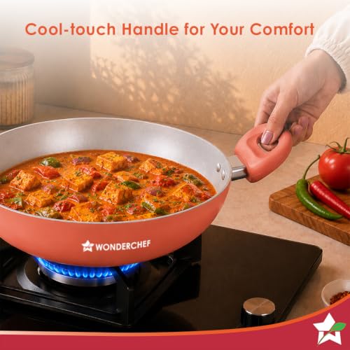 Image of Wonderchef Natura Ceramic Kadhai & Glass Lid for Cooking, 24cm, 2.5L, Non-Toxic Chemical-Free Coating, PFOA /PFAS-Free, for Kitchen, Scratch-Resistant, Gas & Induction Compatible, 2-Yr Warranty, Peach