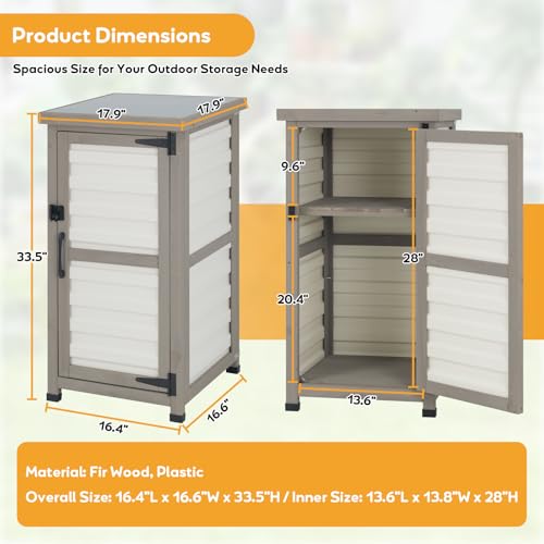 Image of PetsCosset Small Outdoor Storage Cabinet, Wood & Plastic Potting Bench Table Tool Organizer for Patio Backyard Garden, Metal Top, Adjustable Shelf, Corner Storage for Narrow Spaces
