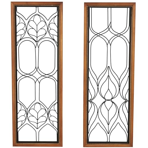 Deco 79 Metal Geometric Home Wall Decor Wire Cutout Wall Sculpture with Beaded Accents and Brown Wood Frames, Set of 2 Wall Art 11" W, 31" H, Black