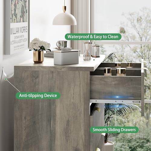 Image of Xixini Fluted Dresser for Bedroom with 6 Drawers, 46 inch Tall Modern Chest of Drawers with Metal Handle, Wooden Dresser TV Stand, Wood Closet Clothes Storage Organizer for Living Room, Hallway, Grey
