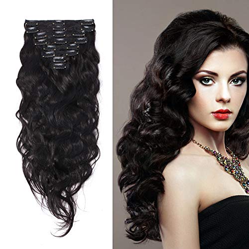 S-noilite Double Weft Clip in Human Hair Extension 100% Real Human Hair Natural Black Full Head Clip on 18