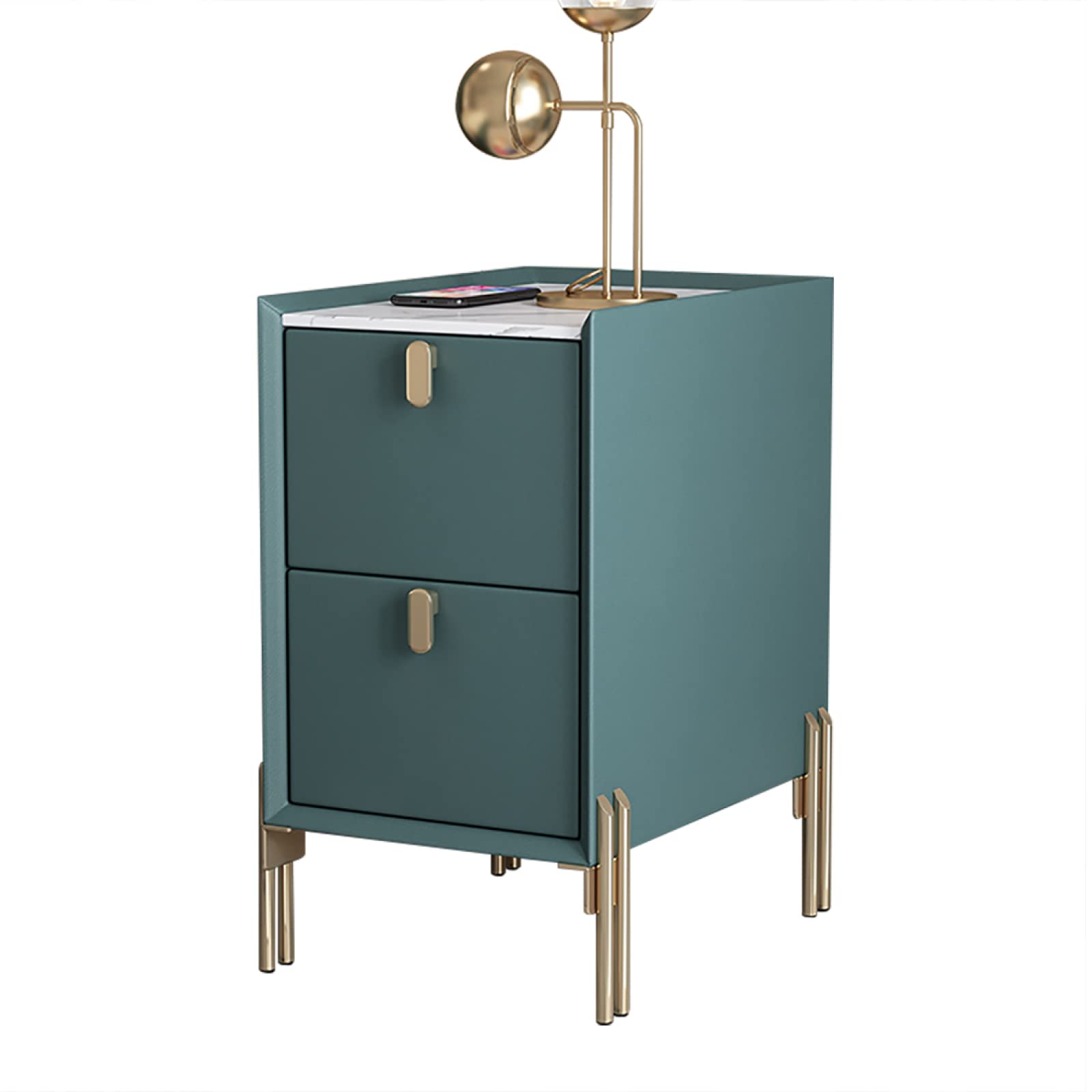 Modern Minimalist Dark Green Narrow Side Table with Sintered Stone Worktop and 2 Drawers Storage for Small Spaces, Mid-Century Bedside Table for Bedroom Living Room 40x35