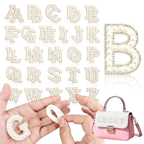 TACVEL 52Pcs Pearl Letter Patches Self Adhesive Pearl Rhinestone Letter Patches A-Z for Clothes Dress Hat Socks Backpacks Jeans DIY Accessories-White