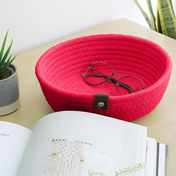 Image of Handmade Jute Cotton Storage Baskets Set of 3 for Dining Table, Fruit Basket & Roti Bowl, Cane Style Organizer for Kitchen, Home Decor, Washable Multipurpose (Red)