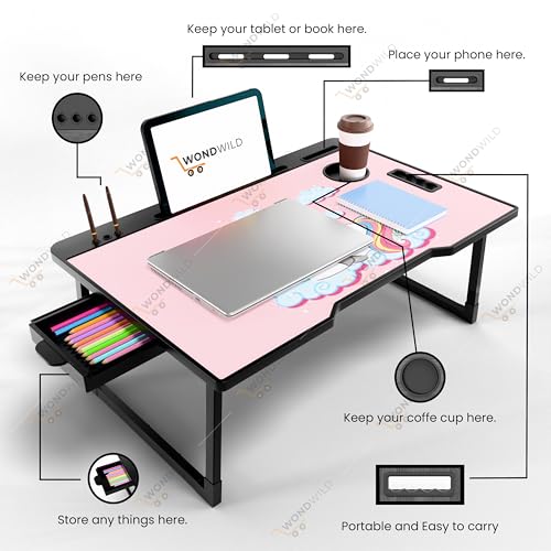 Image of WONDWILD Smart Multipurpose Foldable Laptop Table with Cup Holder, Study Table, Bed Table, Breakfast Table, Foldable and Portable /Ergonomic & Rounded Edges /Non-Slip Legs (ABS UK)