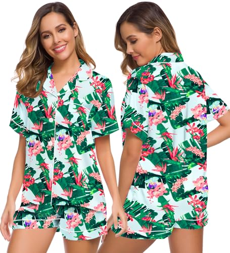 Image of SWOMOG Womens Silk Satin Pajamas Set Short Sleeve Sleepwear Button Down Top and Shorts Loungewear 2 Piece Pjs Set XS-3XL Tropic Medium