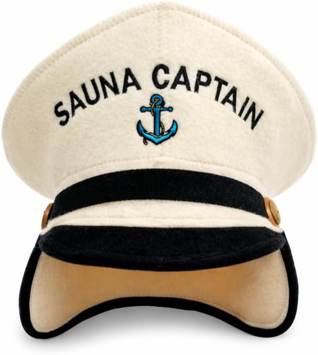 Sauna Hat 'Sauna Captain' White - 100% Organic Wool Felt Hats for Russian Banya - Protect Your Head from Heat - English Sauna eBook Guide Included - with Embroidery