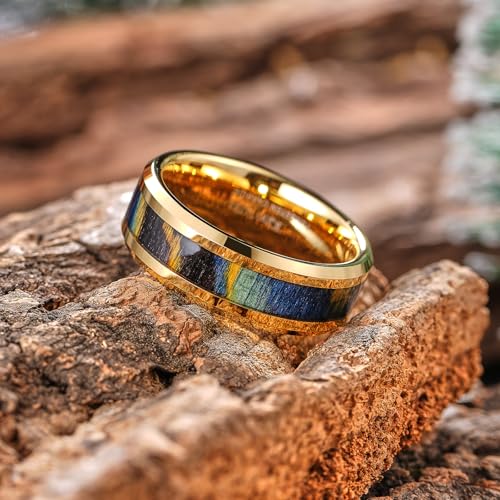 King Will Mens 8mm Tungsten Carbide Wedding Band Rings - Black/Gunmetal/Gold Promise Rings Inlay Multicolored Wood Chips, Comfort Fit Size 7-143