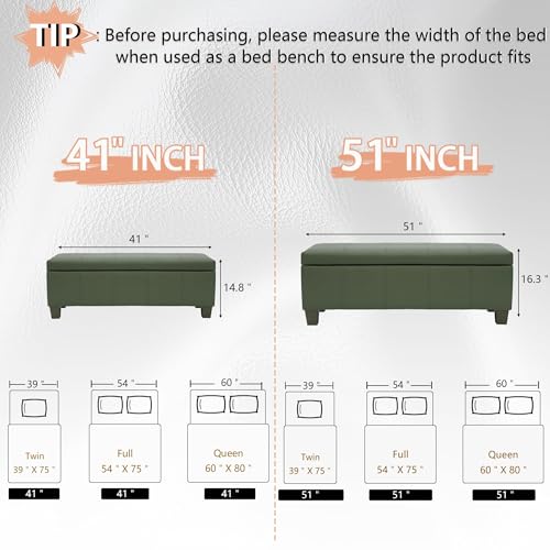Image of 51 Inch Storage Ottoman, Storage Bench with Safety Hinge, Upholstered Synthetic Leather Ottoman Bench for Bedroom, Living Room, Entryway, Hallway, Foot Rest, Support 500lbs