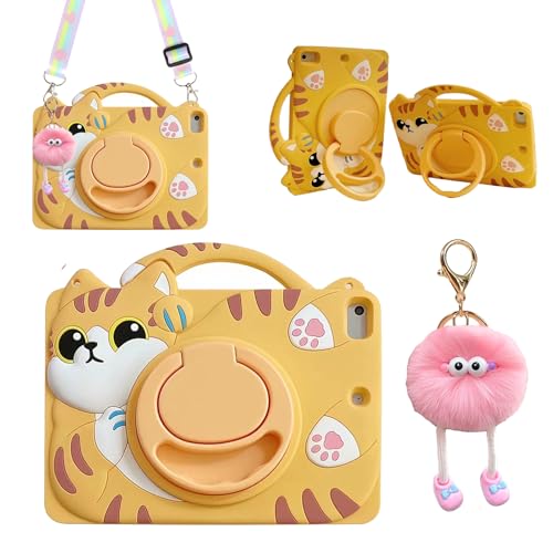 3D Cute Vivid Cat Case for Samsung Galaxy Tab A7 Lite 2021 8.7 inch SM-T220/T225/T227,Kawaii Cartoon Character Pretty Cat Soft Silicone Rotating Stand Case with Lanyard for Kids Teens Girls Women
