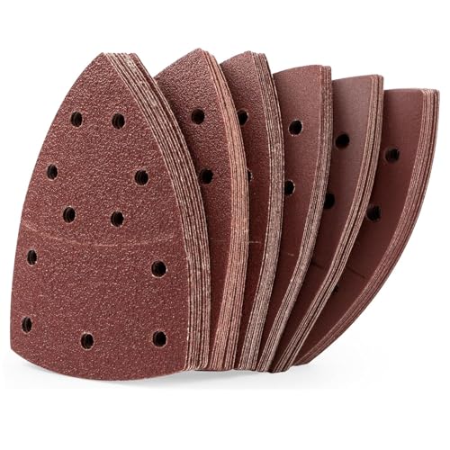 VOBOR 60 Piezas Lijas para Lijadora Triangular, Grano 40 60 80 120 180 240, 105 x 152 mm, 11 Agujeros, Triángulos de Molienda Papel de Lija para Lijar y Pulir