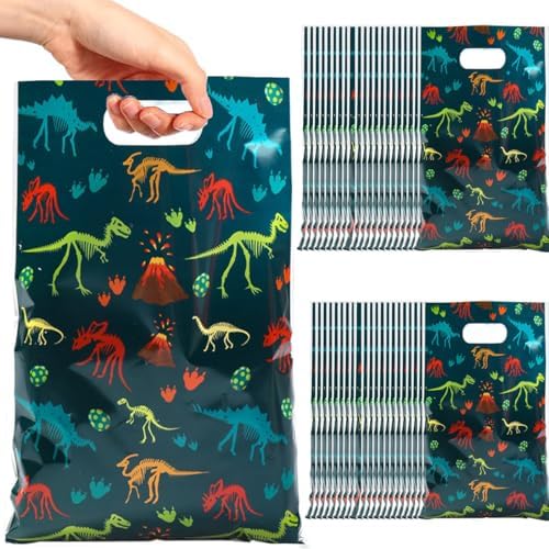 Prehistoric Skeleton Dinosaur Themed Party Goodie Bags, Bulk Plastic Gift Treat Bags with Handle for Jurassic Birthday Party Guest Favors image 5