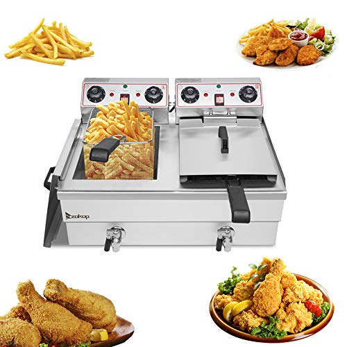 24.9QT Electric Oil Fryer,Commercial Deep Fryer with Basket,16.9QT / 16L Total Capacity 23.6L Stainless Steel Faucet Double Tank Deep Fryer 3400W MAX (8L 8L Big Blue/Large Handle)