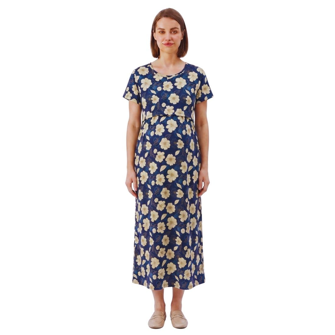 Zero Clothing Feeding Dress for New Moms | Cotton Maternity Nighty | Zipless Nursing Gown with Pull-Up Access | Ankle Length Pregnancy Wear | Pre Post Maternity Gown