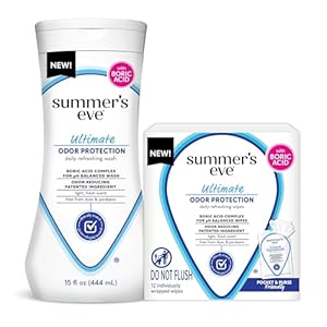 Summer’s Eve Feminine Wash 15 Fl Oz & Wipes 12 ct Bundle with Boric Acid Complex, Clinically Tested pH Balanced Vaginal Odor Control