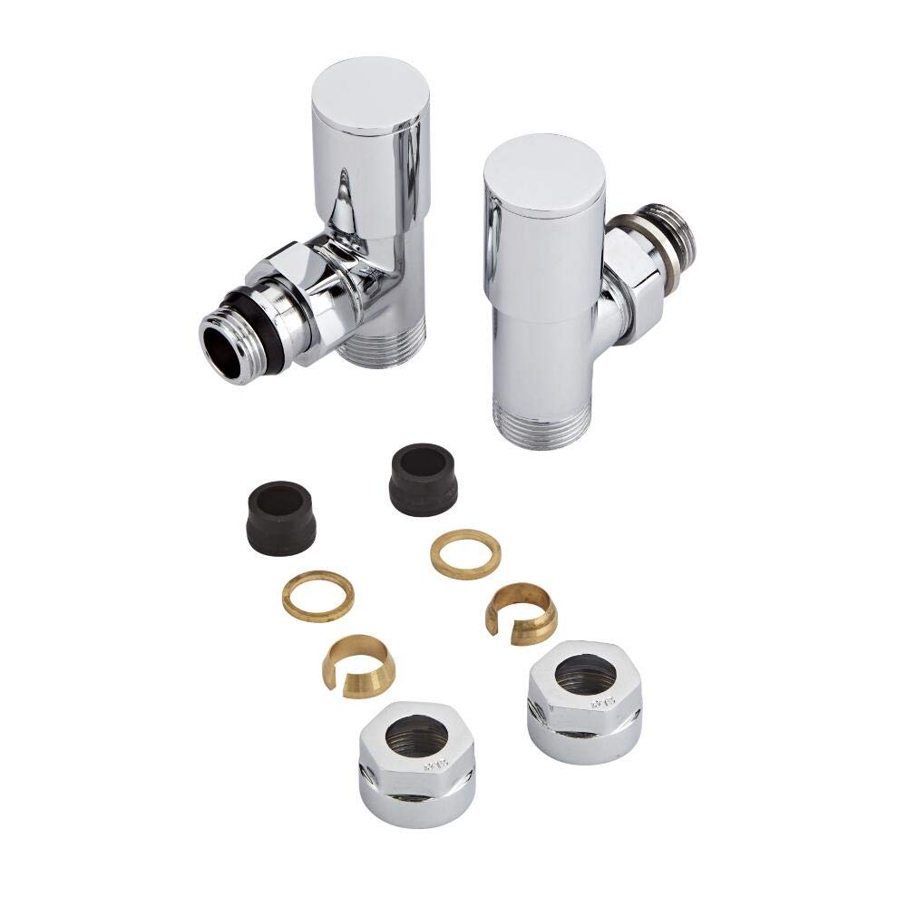 Milano Chrome Angled Heated Towel Rail Radiator Valves 15mm Copper Adapters