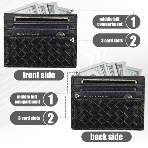 Minimalist Wallet 6 Card Slots Leather Card Holder Hand-Woven Credit Card Wallet Italian Card Case for Men and Women(Black)3
