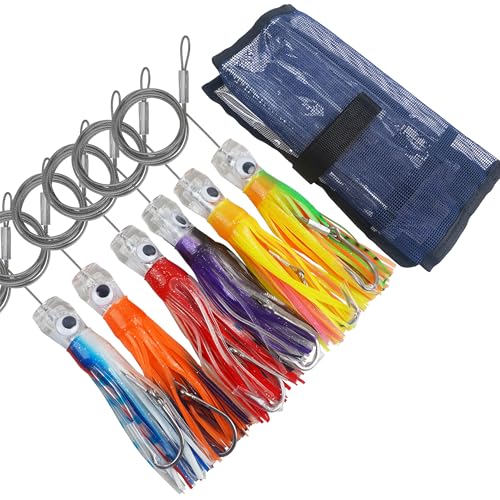 イカスカートトローリングルアー 6本セット, 6インチ/9インチから選択可能, 150LBステンレスライン付き, サメ、マグロ、カジキ釣り用, 船釣り 釣り用品 大型回遊魚, 6色アソート,メッシュバッグ付き (ルアーの長さ:23cm, 108g-6個入り