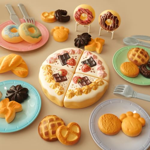 GILOBABY Toy Food for Toddlers, Pretend Play Toys for Toddlers with Dessert Cakes and Kitchen Accessories, Learning & Educational Tea Party Set for Girls 3 Year and Up, 34 Pcs