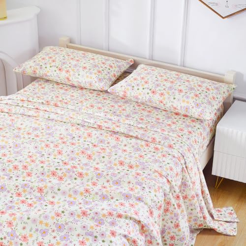 Image of Viviland Floral Queen Sheet Set - 4 Piece Cozy Pink and Purple Small Flower Patterned Bed Sheets - Soft, Breathable Microfiber Sheets with Deep Pocket, Non-Slip Fitted Sheets & Pillowcases