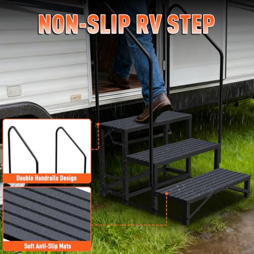 Image of 3-Step RV Steps with Dual Handrails, Heavy Duty Steel, 660 LBS Max Load