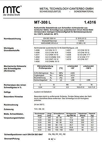 MTC 500 g (ok. 80 sztuk) 1,6 x 250 mm elektrody prętowe V2A 1.4316 MT-308L