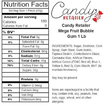 Candy Retailer Mega Fruit Bubble Gum 1 Lb - Strawberry, Lemon, Orange, Grape, Watermelon, Apple Flavors