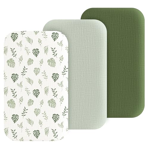 Image of Coreeky Muslin Bedside Sleeper Bassinet Fitted Sheets, 3 Pack Cotton Baby Sheet for Boys & Girls, Soft, Compatible with Baby Delight, Dream On Me, AMKE and Other Rectangle Mattress (Leaf Green)