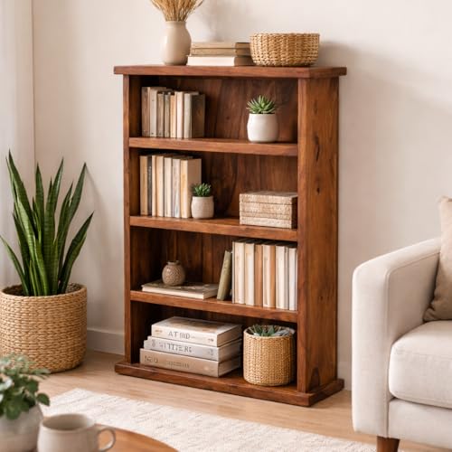 Image of ANGEL FURNITURE Solid Sheesham Wood Storage Bookshelf Medium Size, Honey Finish, 80x23x100CM
