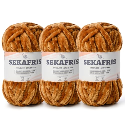 Image of Fuzzy Chunky Chenille Yarn for Crocheting,Soft Plush Yarns for Hand Knitting,Bulky 3x100g(3x49.2 yd) Baby Blanket Yarn for Crocheting Amigurumi,Crochet Fluffy Velvet Yarns (3 Brown)