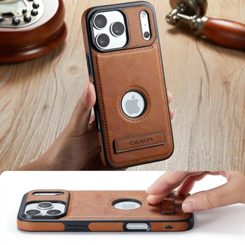 Image of Casus Designed for iPhone 17 Pro Case Compatible with MagSafe Kickstand Vegan Leather Slim Classic Luxury Elegant Protective Cover with Tempered Glass Screen (2025) 6.3 inch - Brown