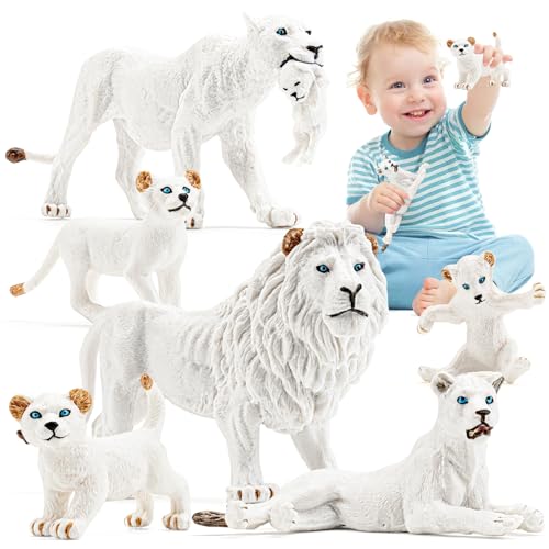7PCS White Lion Figurines with Lion Cubs, Jungle Animals Figures Realistic Family Set Includes Baby Lions, Educational Toy Cake Toppers Christmas Birthday for Kids Boys Girls 3 4 5 6+ Years Old
